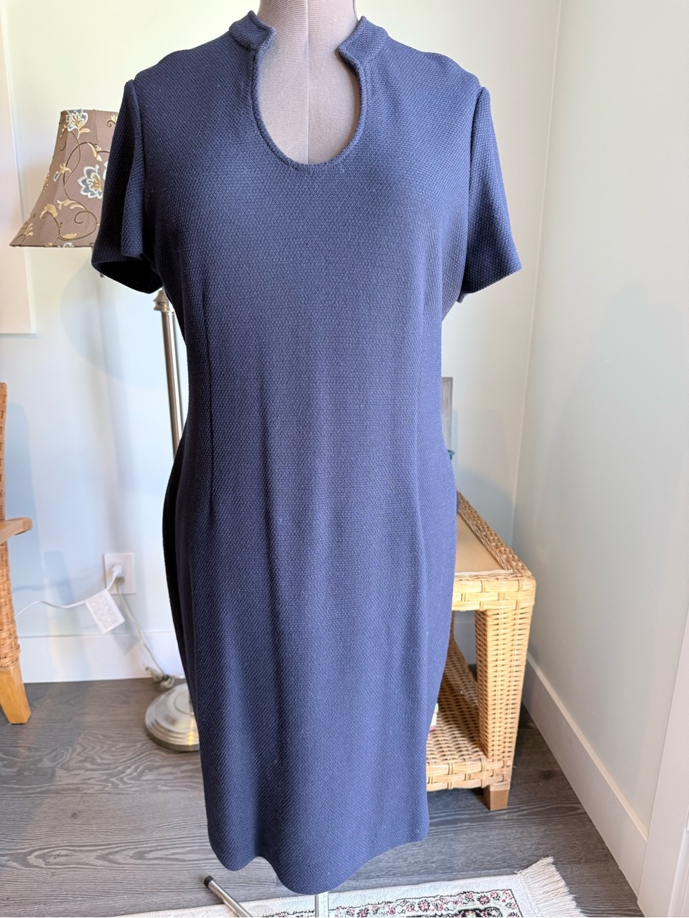 St. John Caviar Navy Short-Sleeve Midi Shift Dress